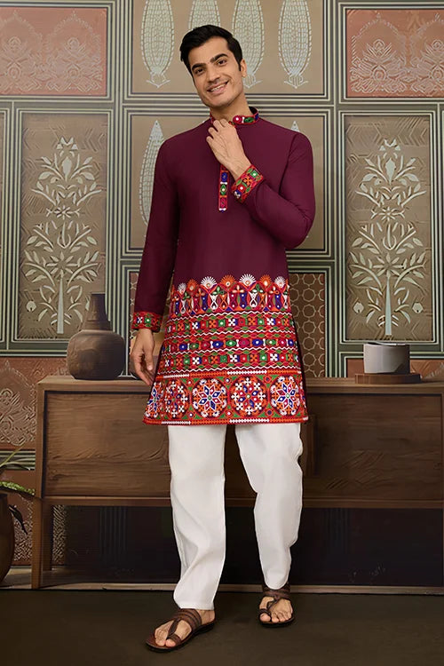 Navratri Wine Cotton Kurta for Mens with Pajama Clothsvilla