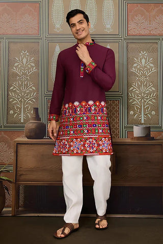 Navratri Wine Cotton Kurta for Mens with Pajama Clothsvilla