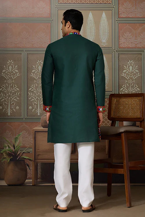 Navratri Style Green Cotton Readymade Kurta for Men Clothsvilla