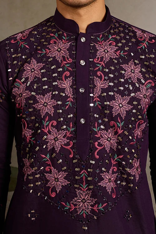 Designer Purple Mirror Work Kurta Set for Mens Wear Clothsvilla