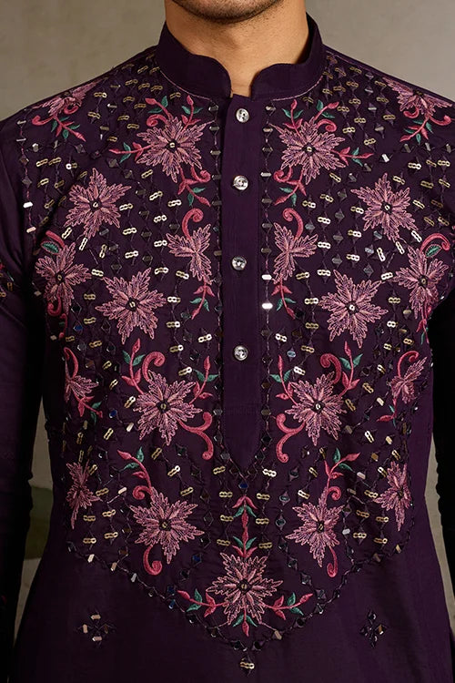 Designer Purple Mirror Work Kurta Set for Mens Wear Clothsvilla