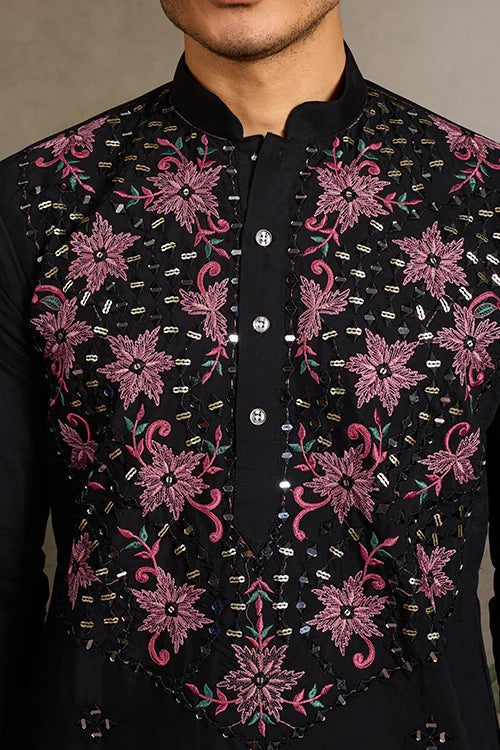 Black Mirror Work with Embroidered Kurta Set for Men Clothsvilla