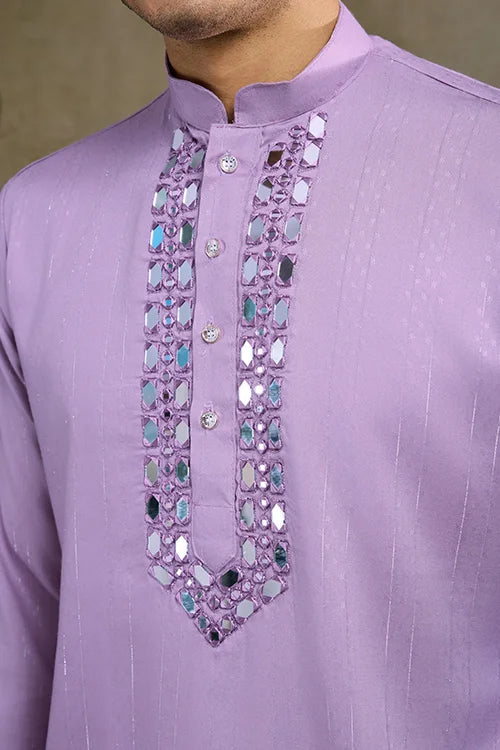 Dusty Pink Mirror Work Kurta for Men - Designer Wear Clothsvilla