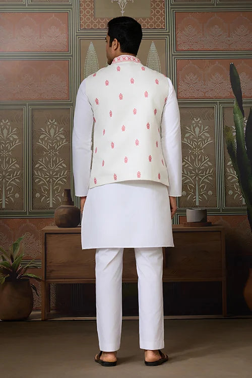 Wedding Pink Koti with White Kurta Pajama Set Clothsvilla