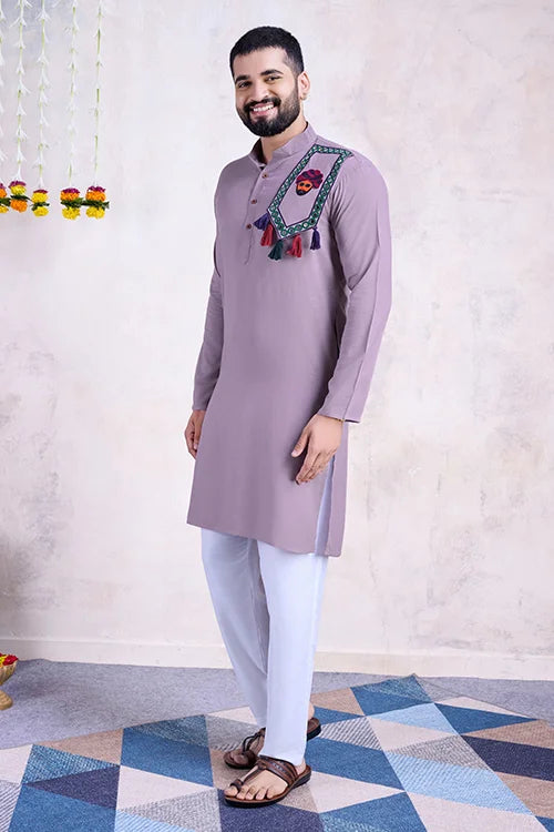 Dusty Purple Embroidered Men's Kurta - Formal Wear Clothsvilla