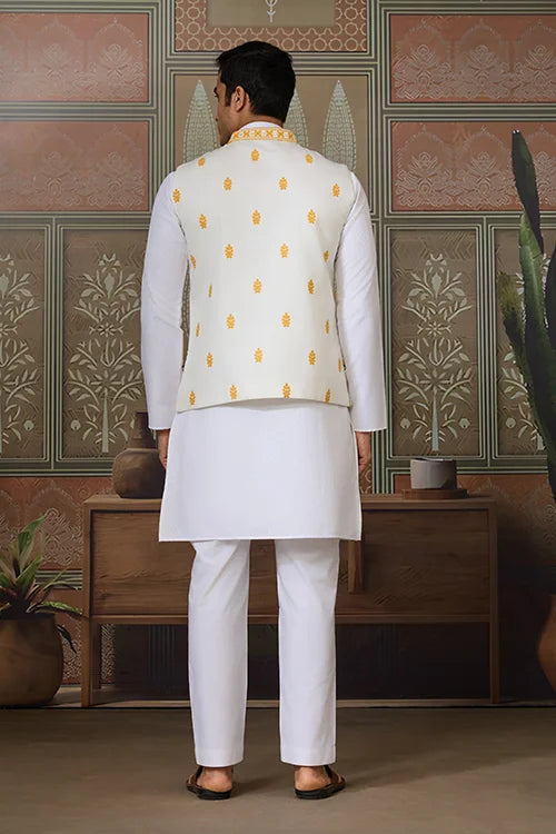 Haldi Special Yellow Koti with White Kurta for Mens Clothsvilla