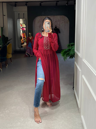 Shimmering Sequin Red Embroidered Naira Style Kurti ClothsVilla