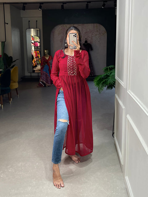 Shimmering Sequin Red Embroidered Naira Style Kurti ClothsVilla Main image