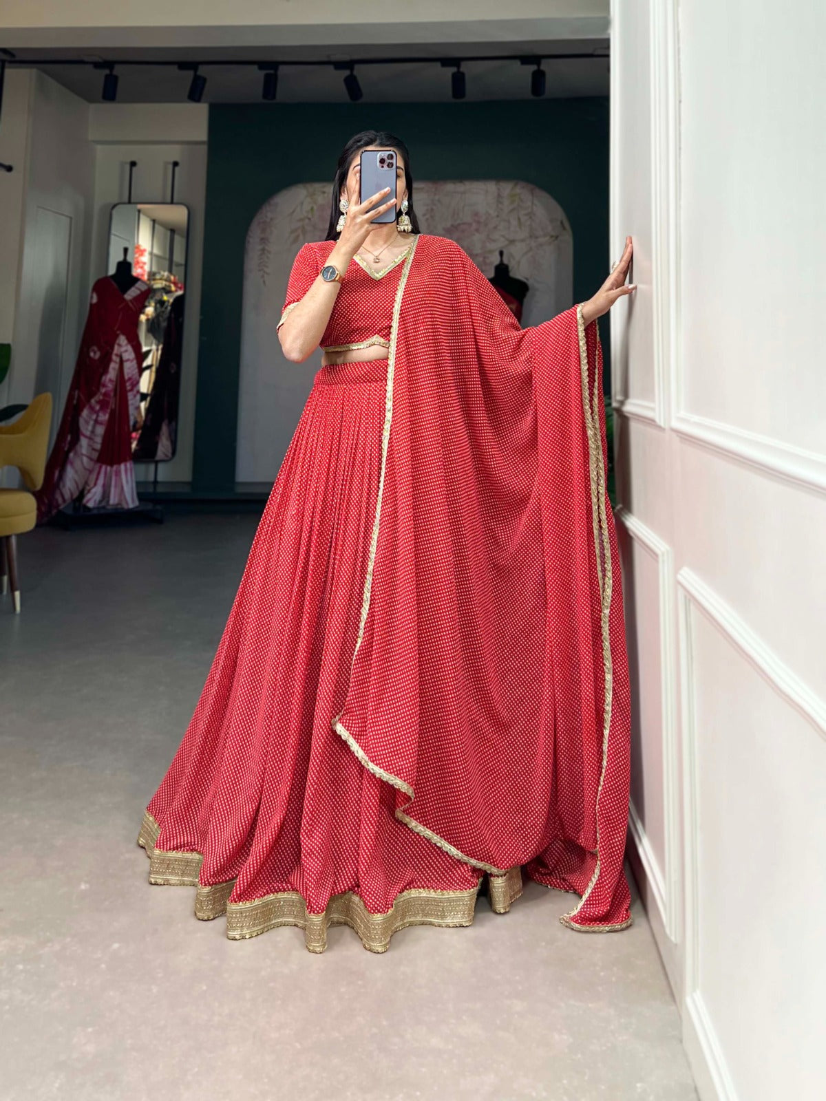 Red Color Dot Print Georgette Lehenga Choli Secondary image