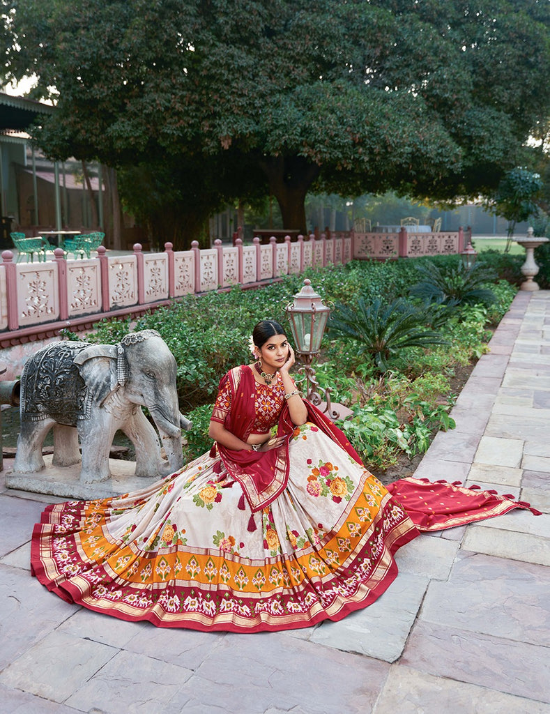 Red Dola Silk Lehenga Choli with Floral & Patola Print ClothsVilla