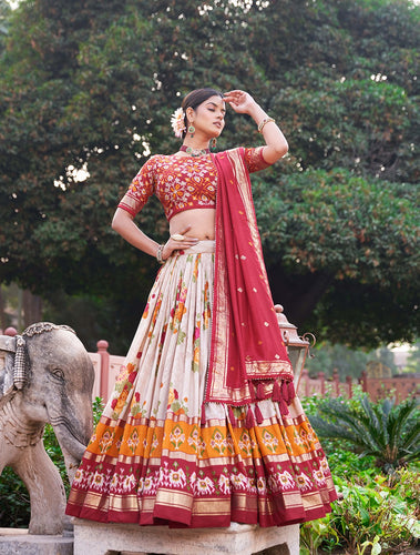 Buy White and Red Style Multi Printed Lehenga Blouse With Fancy Dupatta  collection