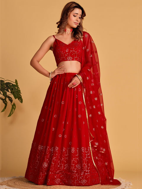 Red Embroidered Georgette Lehenga Choli for your Engagement ClothsVilla Main image