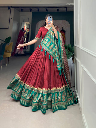 Red Color Printed Tussar Silk Lehenga Choli ClothsVilla