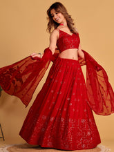 Load image into Gallery viewer, Red Embroidered Georgette Lehenga Choli for your Engagement ClothsVilla