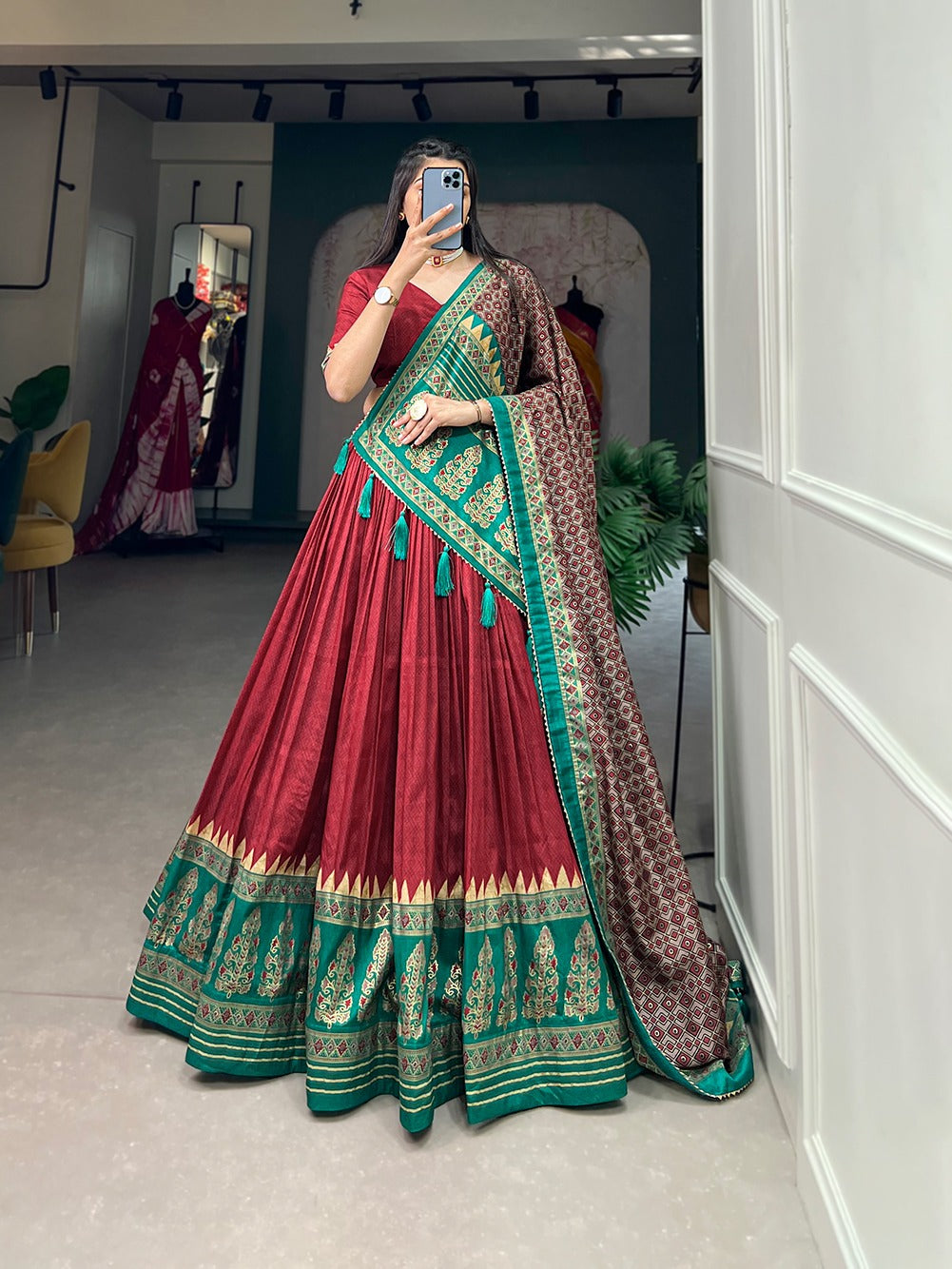 Red Color Printed Tussar Silk Lehenga Choli ClothsVilla Main image