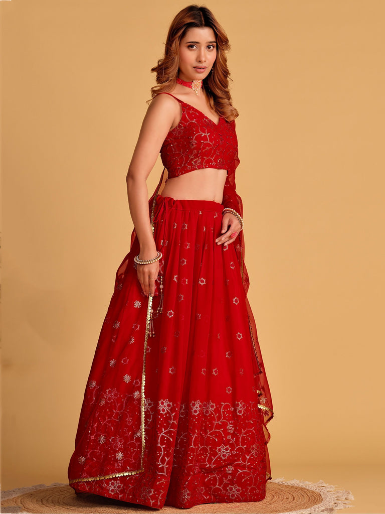 Red Embroidered Georgette Lehenga Choli for your Engagement ClothsVilla