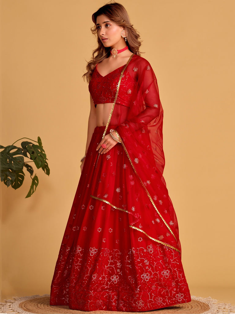 Red Embroidered Georgette Lehenga Choli for your Engagement ClothsVilla