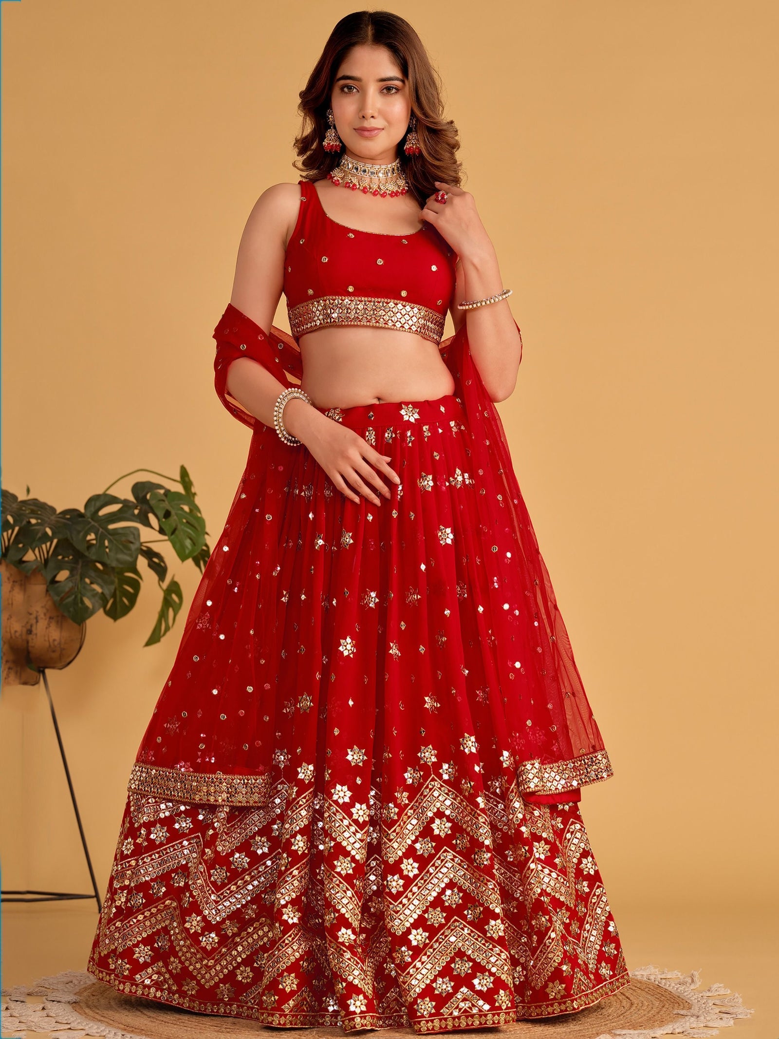 Red Sequin Georgette Wedding Lehenga Choli Set ClothsVilla