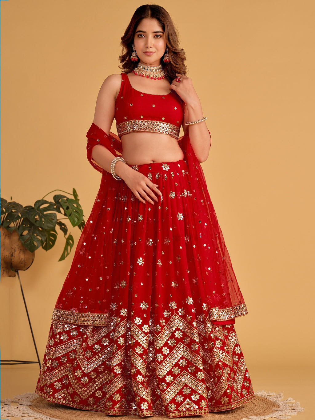 Red Sequin Georgette Wedding Lehenga Choli Set ClothsVilla