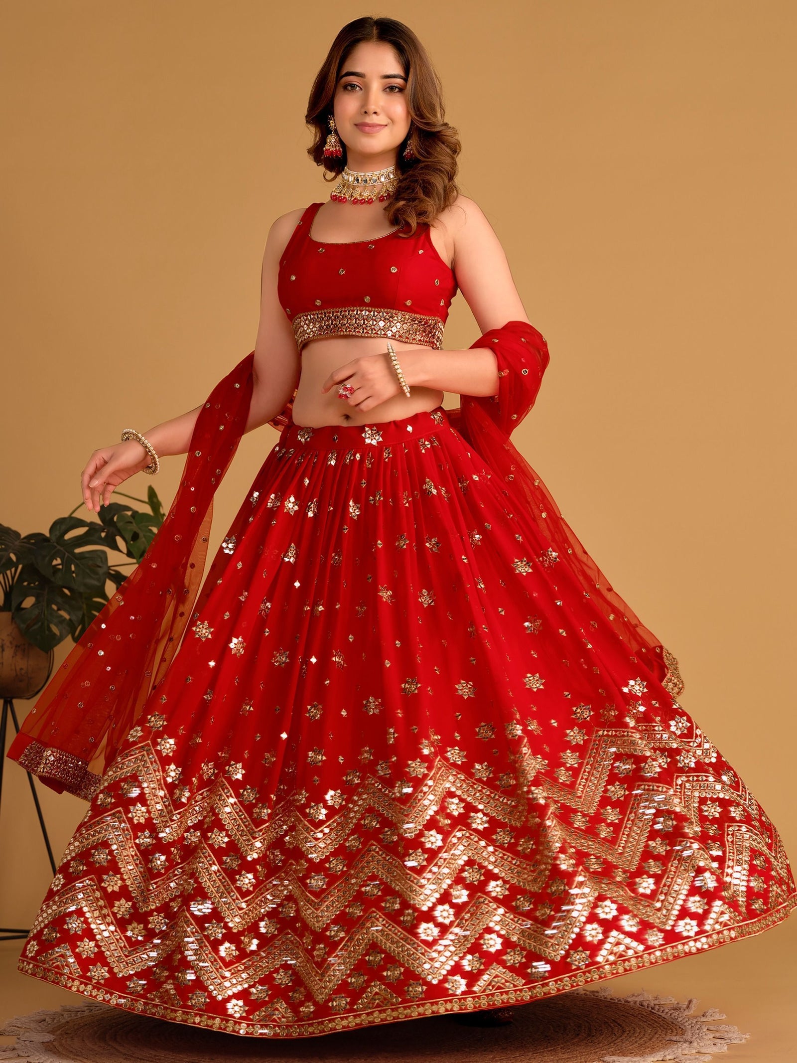 Red Sequin Georgette Wedding Lehenga Choli Set ClothsVilla