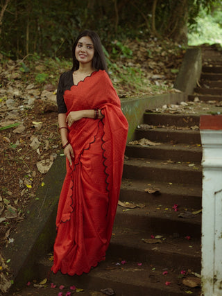 Exquisite Red Gadhwal Chex Saree with Arca Work and Lucknowi Work Blouse ClothsVilla