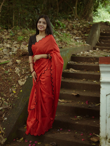 Red organza saree with greenish black handwork blouse – Threads