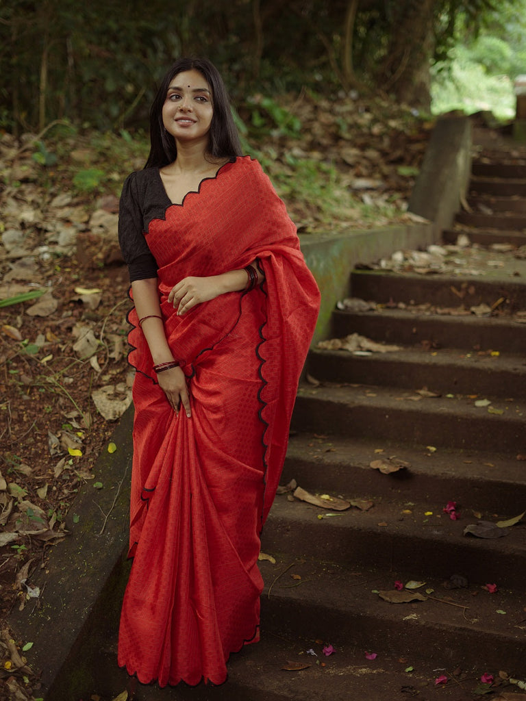 Exquisite Red Gadhwal Chex Saree with Arca Work and Lucknowi Work Blouse ClothsVilla