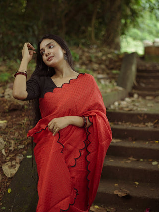 Exquisite Red Gadhwal Chex Saree with Arca Work and Lucknowi Work Blouse ClothsVilla
