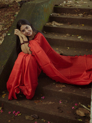 Exquisite Red Gadhwal Chex Saree with Arca Work and Lucknowi Work Blouse ClothsVilla