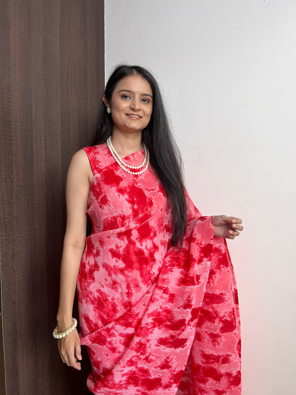Red Faux Georgette Crushed Saree Gown with Digital Shibori Print ClothsVilla