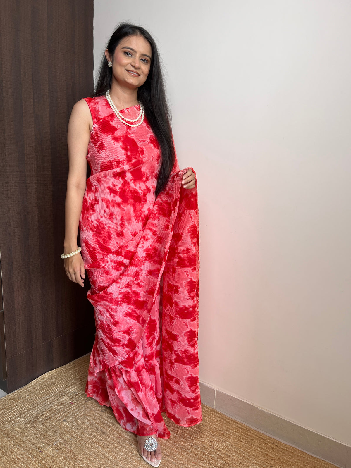 Red Faux Georgette Crushed Saree Gown with Digital Shibori Print ClothsVilla Main image