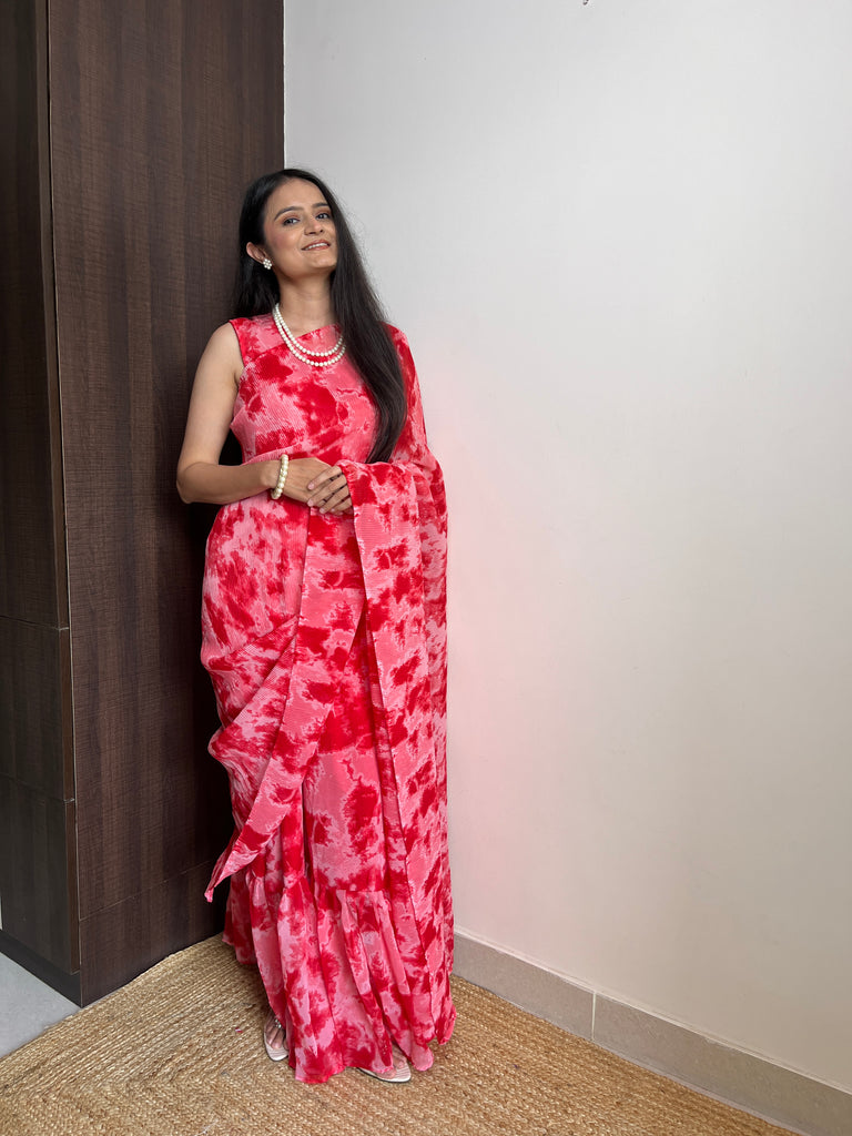 Red Faux Georgette Crushed Saree Gown with Digital Shibori Print ClothsVilla