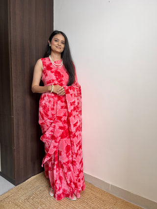 Red Faux Georgette Crushed Saree Gown with Digital Shibori Print ClothsVilla