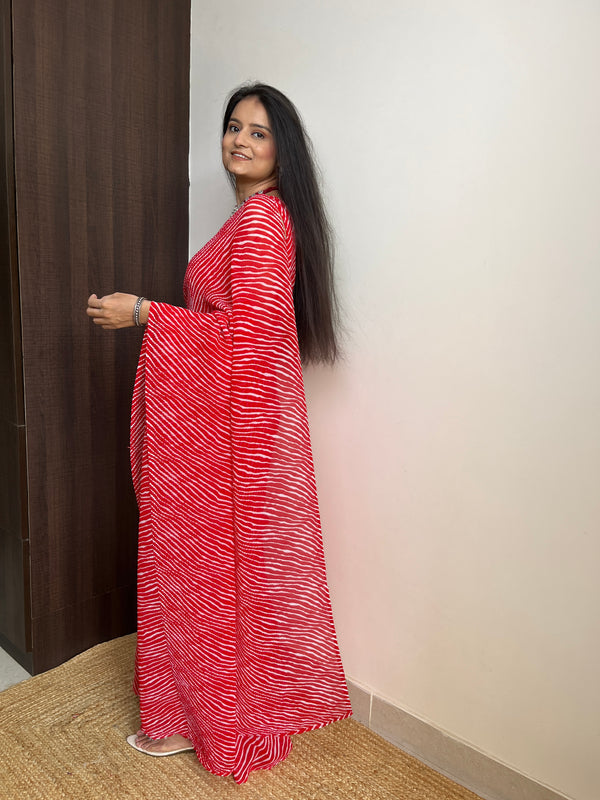 Red Faux Georgette Crushed Saree Gown with Digital Prints ClothsVilla