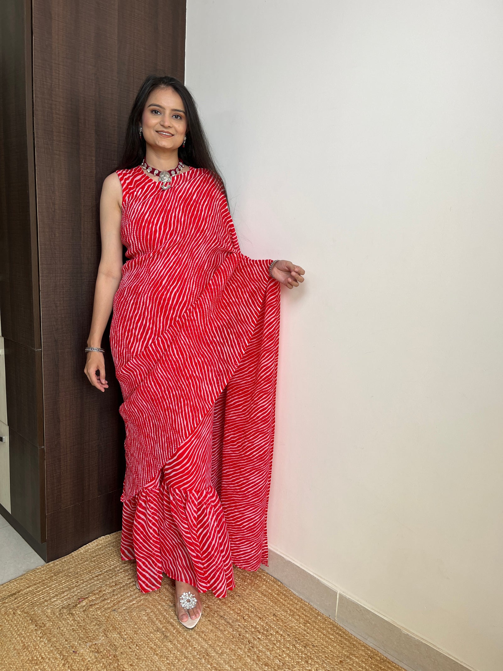 Red Faux Georgette Crushed Saree Gown with Digital Prints ClothsVilla