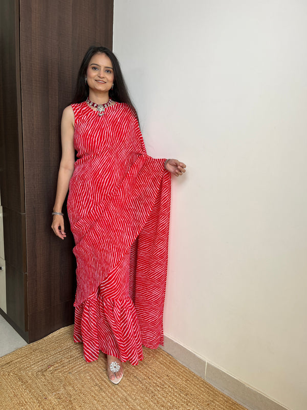 Red Faux Georgette Crushed Saree Gown with Digital Prints ClothsVilla