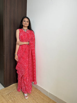 Red Faux Georgette Crushed Saree Gown with Digital Prints ClothsVilla