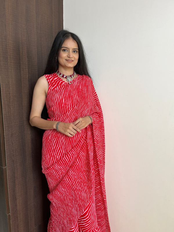 Red Faux Georgette Crushed Saree Gown with Digital Prints ClothsVilla