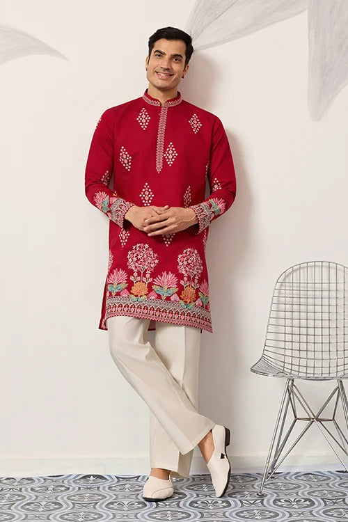 Unique Style Red Color Embroidered Kurta for Mens Wear Clothsvilla