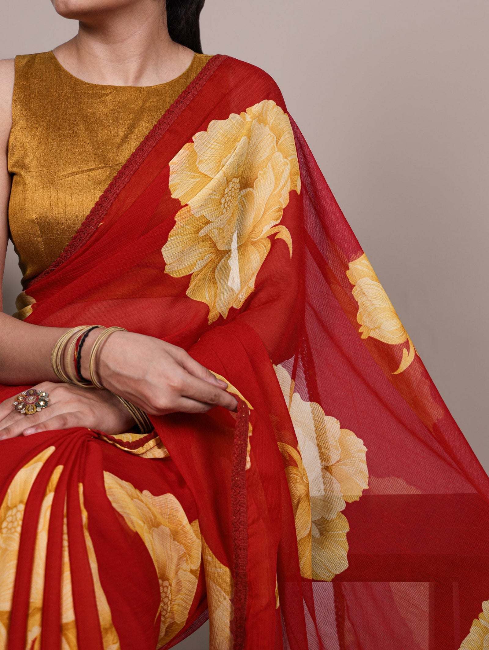 Red Elegant Chiffon Saree with Floral Print & Lace Border – Unstitched Banglory Blouse ClothsVilla