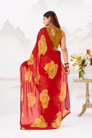Red Elegant Chiffon Saree with Floral Print & Lace Border – Unstitched Banglory Blouse ClothsVilla