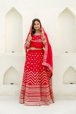 Red Elegant Georgette Foil Embroidered Lehenga Set with Dupatta – Semi-Stitched Lehenga & Unstitched Blouse ClothsVilla