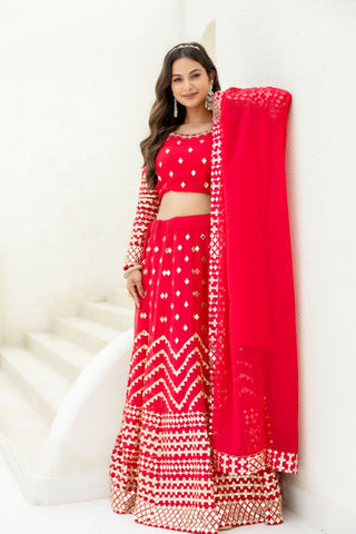 Red Elegant Georgette Foil Embroidered Lehenga Set with Dupatta – Semi-Stitched Lehenga & Unstitched Blouse ClothsVilla