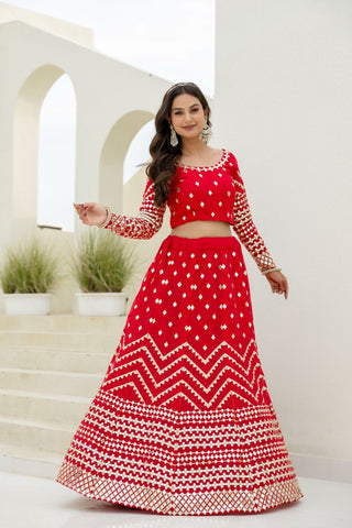 Red Elegant Georgette Foil Embroidered Lehenga Set with Dupatta – Semi-Stitched Lehenga & Unstitched Blouse ClothsVilla