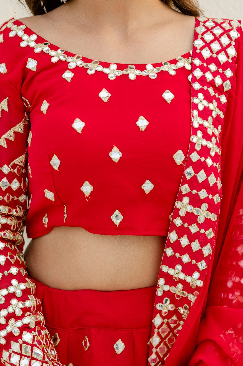 Red Elegant Georgette Foil Embroidered Lehenga Set with Dupatta – Semi-Stitched Lehenga & Unstitched Blouse ClothsVilla