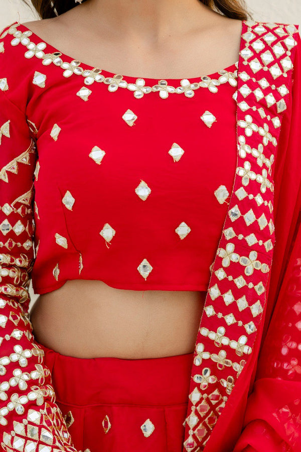 Red Elegant Georgette Foil Embroidered Lehenga Set with Dupatta – Semi-Stitched Lehenga & Unstitched Blouse ClothsVilla