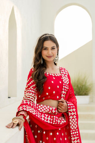 Red Elegant Georgette Foil Embroidered Lehenga Set with Dupatta – Semi-Stitched Lehenga & Unstitched Blouse ClothsVilla