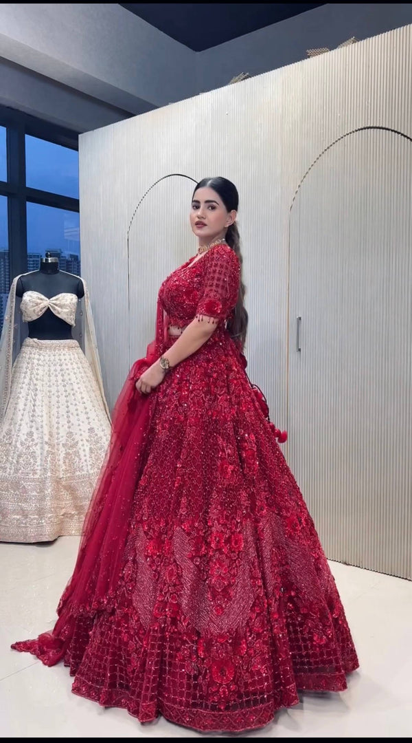 Red Elegant Net Lehenga Set with Intricate Thread, Dori, Sequins & Beads Work ClothsVilla