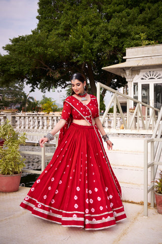 Red Elegant Pure Chanderi Bandhej Print Lehenga Set with Blouse & Dupatta – Stitched with Canvas and Lace Detailing ClothsVilla