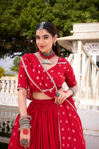 Red Elegant Pure Chanderi Bandhej Print Lehenga Set with Blouse & Dupatta – Stitched with Canvas and Lace Detailing ClothsVilla